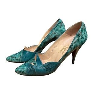 ROSINA FERRAGAMO SCHIAVONE 50s Whimsical Jade Green Snakeskin Leather Pumps Sz8N